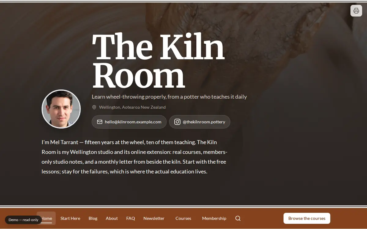 The Kiln Room, a warm brown ceramics-school homepage above a light grid of paid courses, each marked “Unlock”.