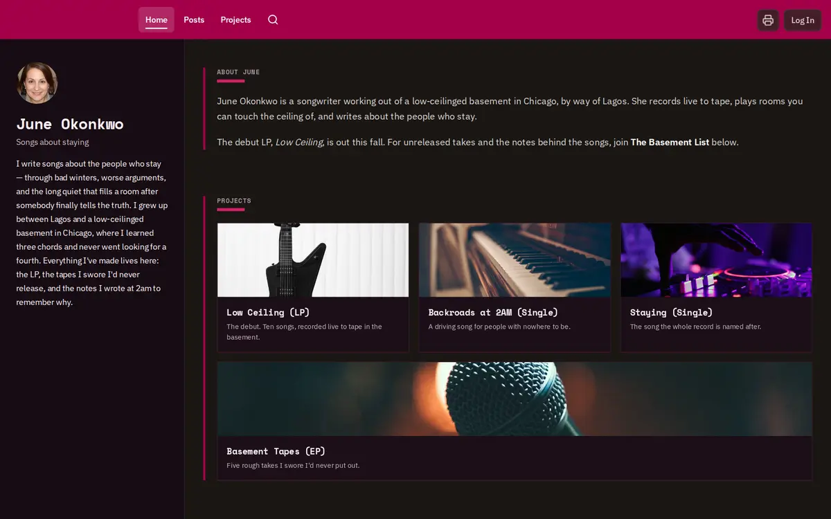 Low Ceiling, a dark, magenta-accented songwriter site with a monospace grid of releases and singles.