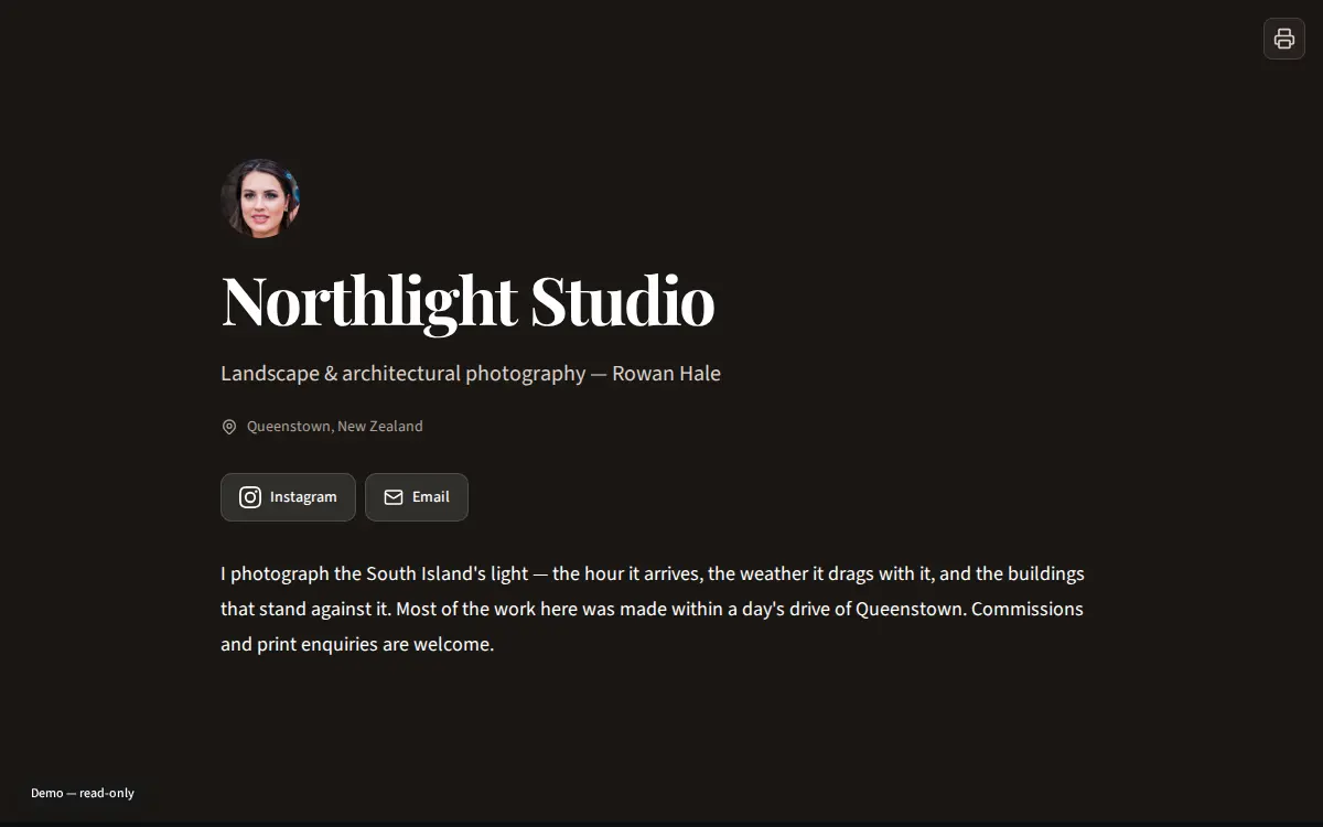 Northlight Studio, a near-black photography homepage with a large serif wordmark, the line “Landscape & architectural photography by Rowan Hale”, and a small circular portrait.