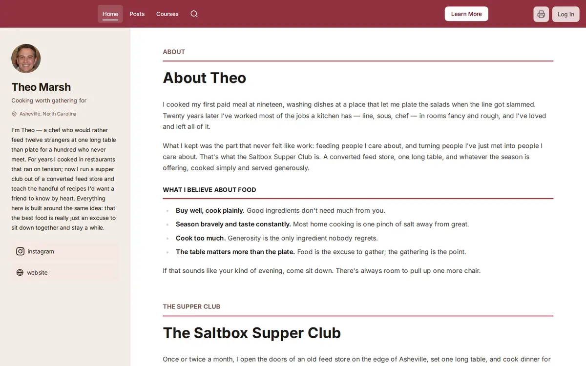 Saltbox, an oxblood-and-ivory chef site with a compact portrait and bio in a left sidebar beside an About page.