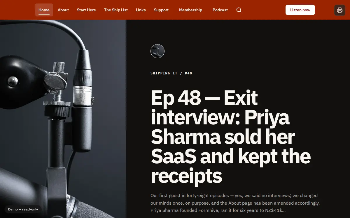 Shipping It, a dark podcast homepage with an orange “Listen now” button and a blurb about its two founder hosts.