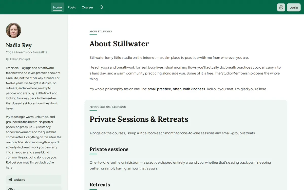 Stillwater, a green-and-ivory yoga site with a compact portrait and bio in a left sidebar beside an About page.