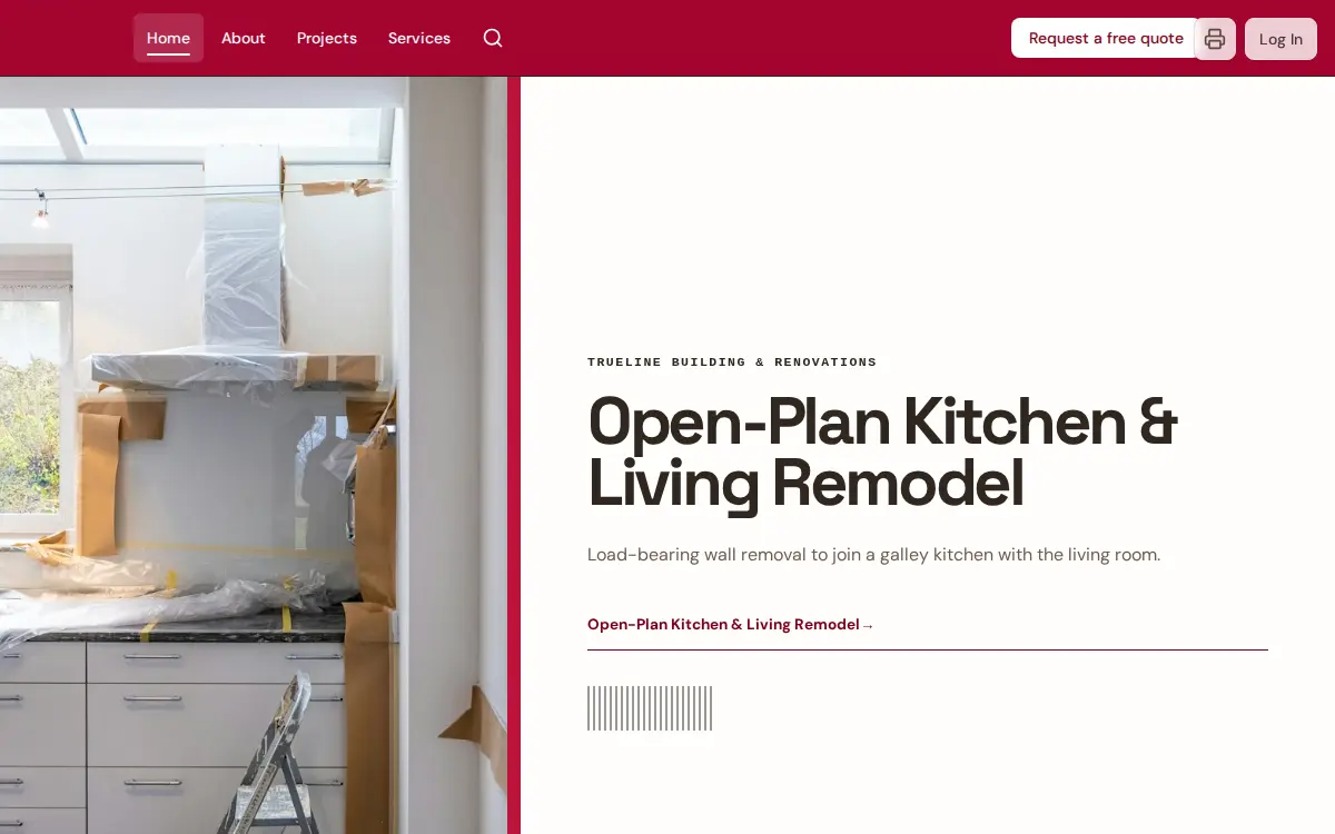 TrueLine Building & Renovations, a crimson-accented builder homepage split between a renovation photo and a project headline, with a “Request a free quote” button in the header.